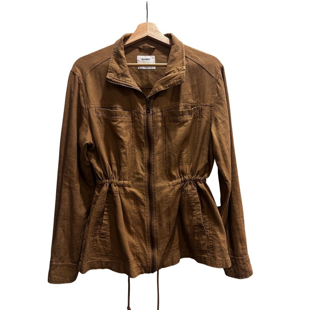 Old Navy Linen Blend Utility Jacket Brown Cinch Waist Zip Safari M resort wear